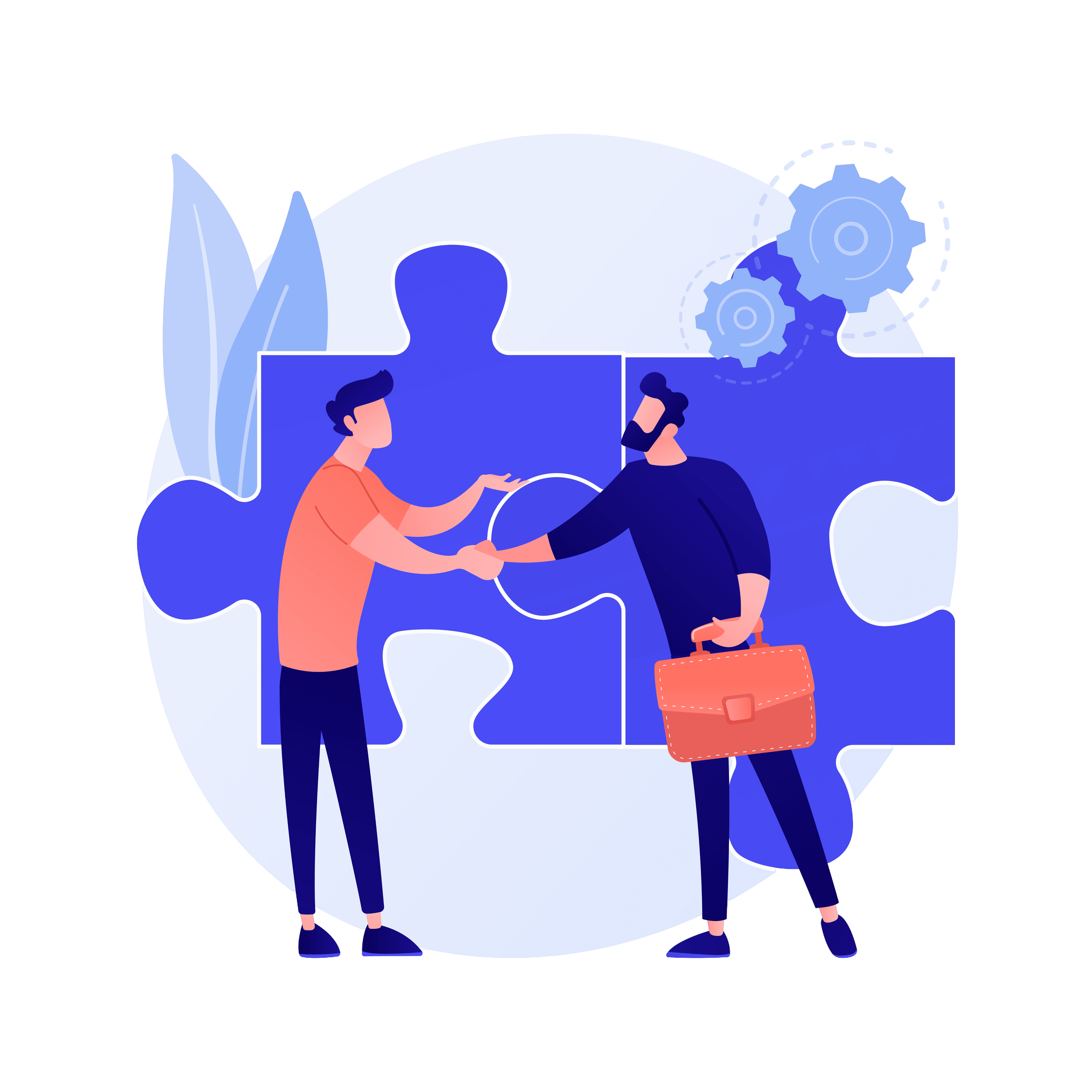 Eerste kennismaking Illustratie van twee mannen die elkaar de hand schudden. De rechterman heeft een aktetas vast. Op de achtergrond zie je twee puzzelstukjes die perfect in elkaar passen met rechts daar boven twee tandwielen.
