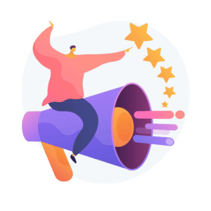 Illustratie van een persoon die op een luidspreker. Uit de luidspreker komt geluid en 5 sterren wat een klantenervaring symboliseert.