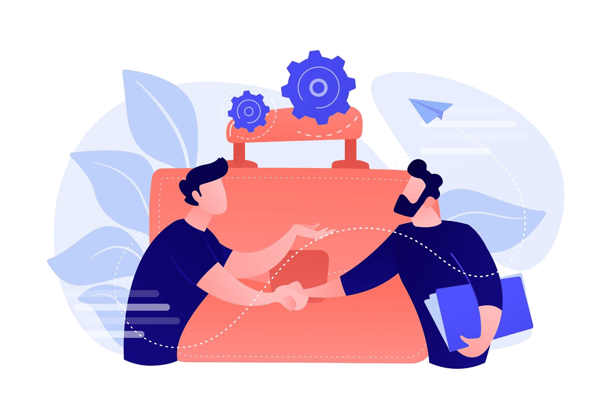 Illustratie van twee mannen die elkaar de hand schudden met op de achtergrond een aktetas, waarboven twee kleine tandwielen zichtbaar zijn.