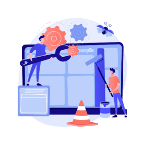 Een illustratie van een laptopscherm met daar boven een bug die weg vliegt. Rechts van het scherm staat een man met een verfroller die over het laptopscherm gaat. Links van het laptopscherm zie je een man met een moersleutel die draait aan een drietal tandwielen.