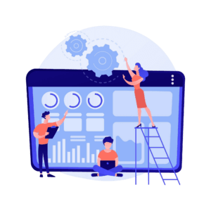 Illustratie van een tabblad met daarop technische informatie. Voor het tabblad zijn drie mensen aan het werk.