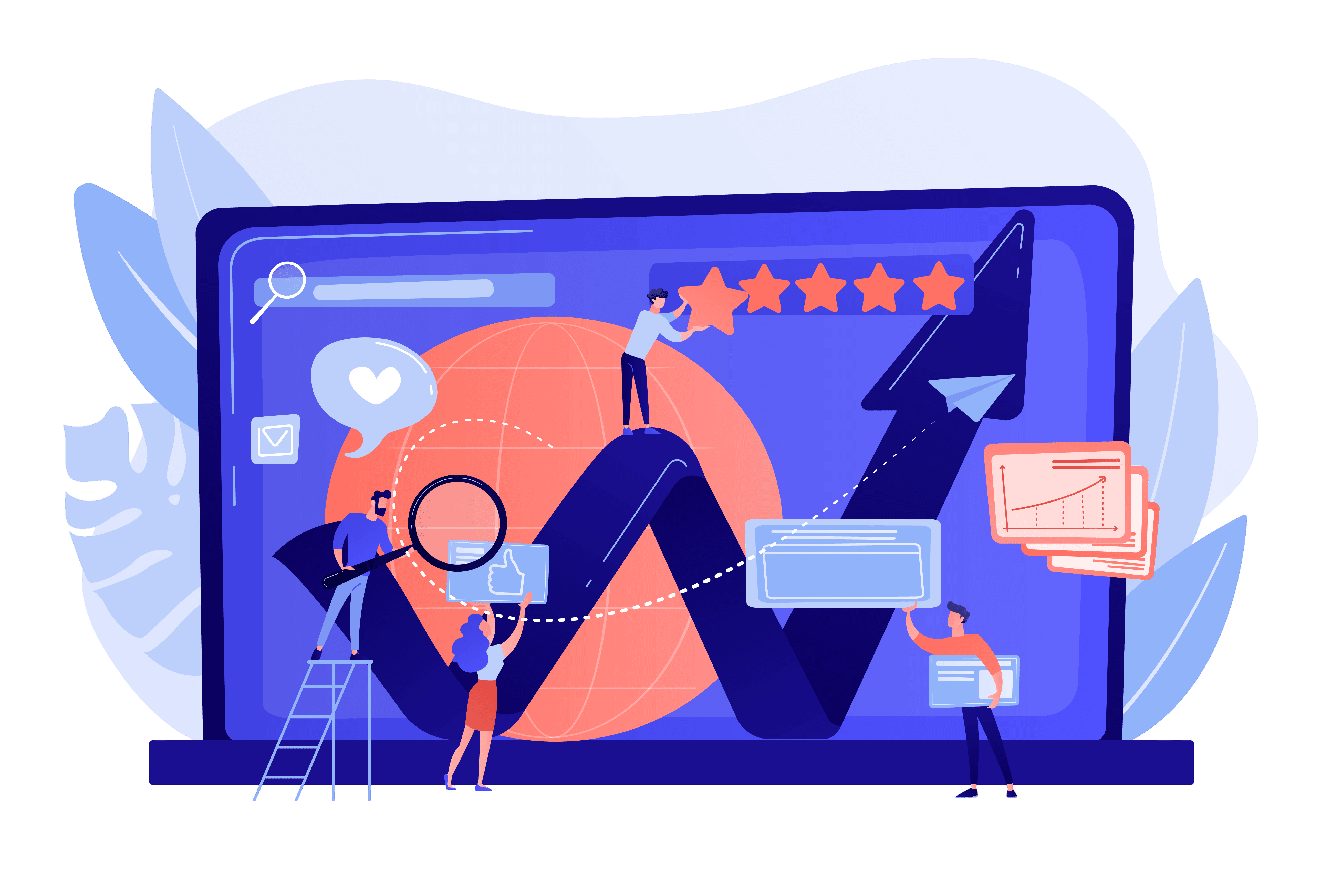 Persoonlijke-UX-testen Illustratie van mensen die samenwerken om een website te optimaliseren, met symbolen voor gebruikerservaring, prestaties en klanttevredenheid.