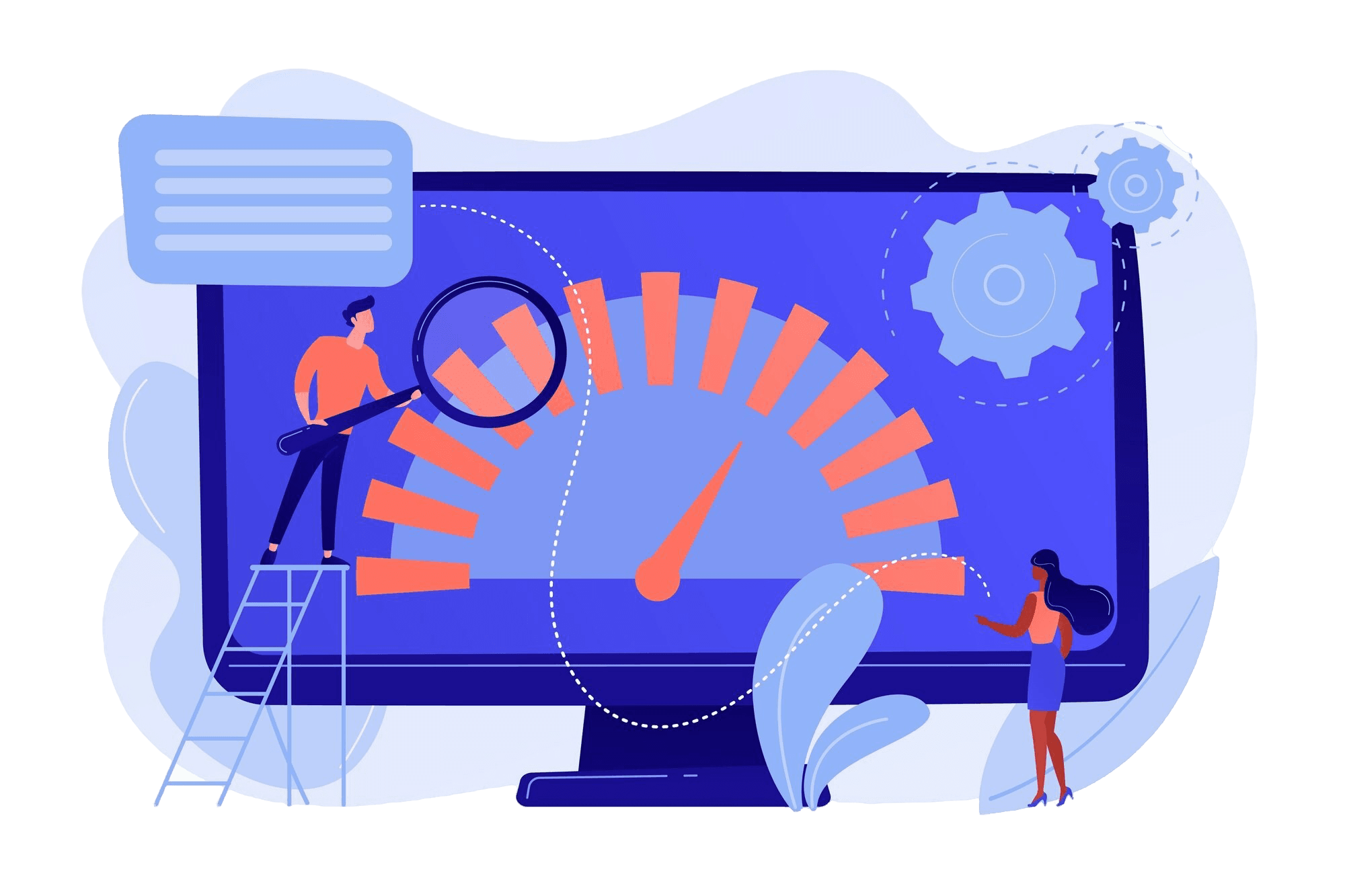 Quick-Scan Een illustratie van een desktop-scherm met daarop een snelheidsmeter en tandwielen. Daarvoor staat een man op een trap met een vergrootglas en een vrouw die naar het scherm wijst.