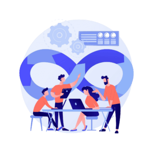 Illustratie van een team mensen dat aan het werk is en aan het overleggen is. Op de achtergrond is een oneindigheid symbool te zien en één van de mensen wijst er naar. Daar achter zijn nog wat tandwielen te zien.