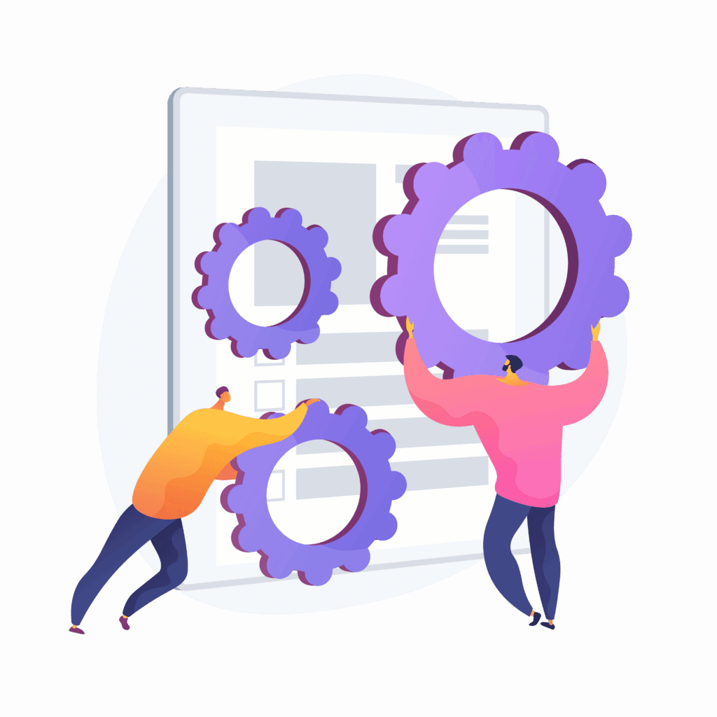 Een illustratie van twee personen die twee van de drie tandwielen vast houden die voor een rapport hangen.