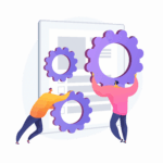 Een illustratie van twee personen die twee van de drie tandwielen vast houden die voor een rapport hangen.