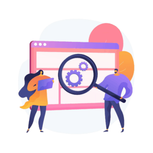 Een illustratie van een tabblad met twee personen er voor. De rechter persoon houd een vergrootglas vast. Doo =r het vergrootglas zijn twee tandwielen zichtbaar.