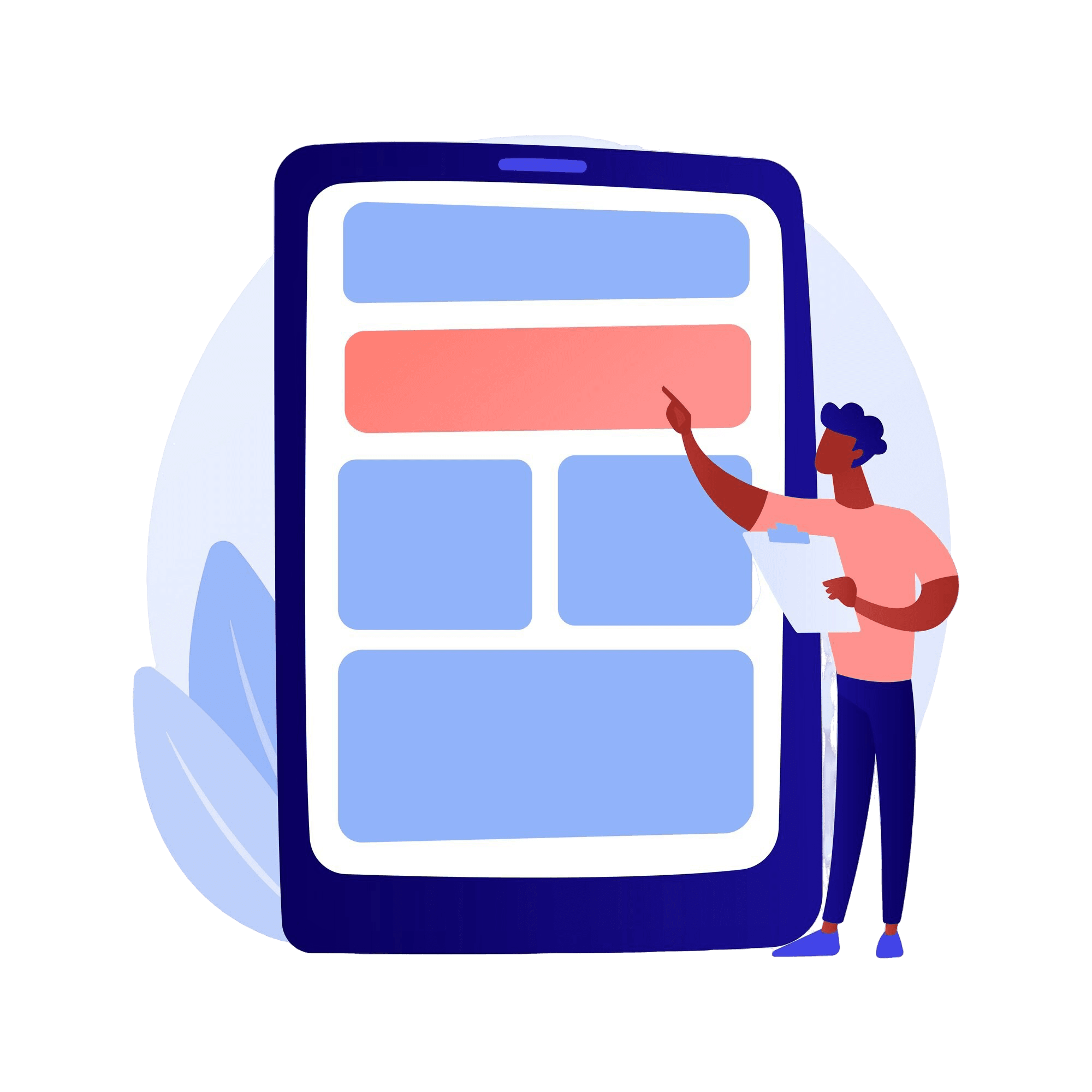UX-testen Illustratie van een persoon die een een rapport vasthoud en wijst naar een gedeelte van een tablet scherm.