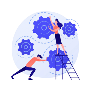 Illustratie van 4 tandwielen. Een vrouw op een lader draait aan de bovenste terwijl de onderste word bewogen door een man die een duwende beweging maakt.