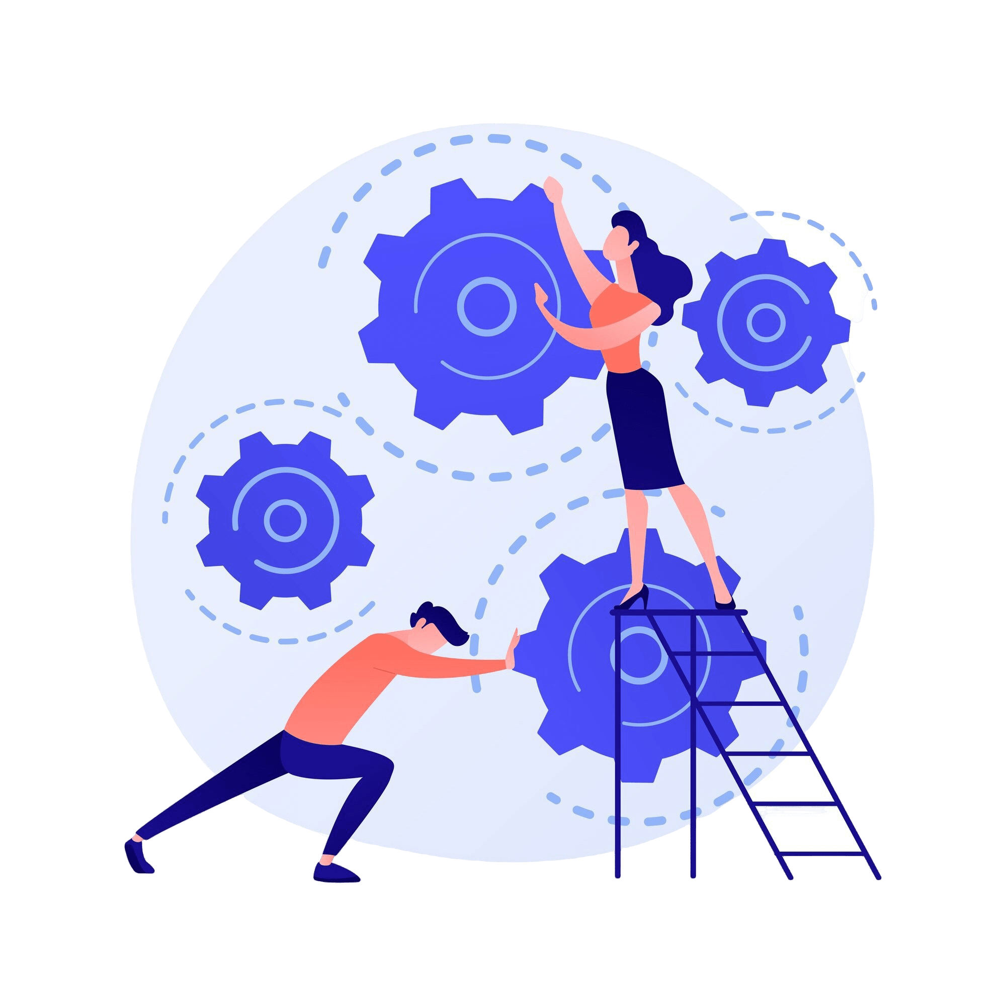 Illustratie van 4 tandwielen. Een vrouw op een lader draait aan de bovenste terwijl de onderste word bewogen door een man die een duwende beweging maakt.