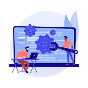 Illustratie van een laptop met op de laptop een website en tandwielen. Een man staat op de laptop en draait met een moersleutel aan de tandwielen. Voor de laptop zit een andere man aan een tafel achter een laptop.