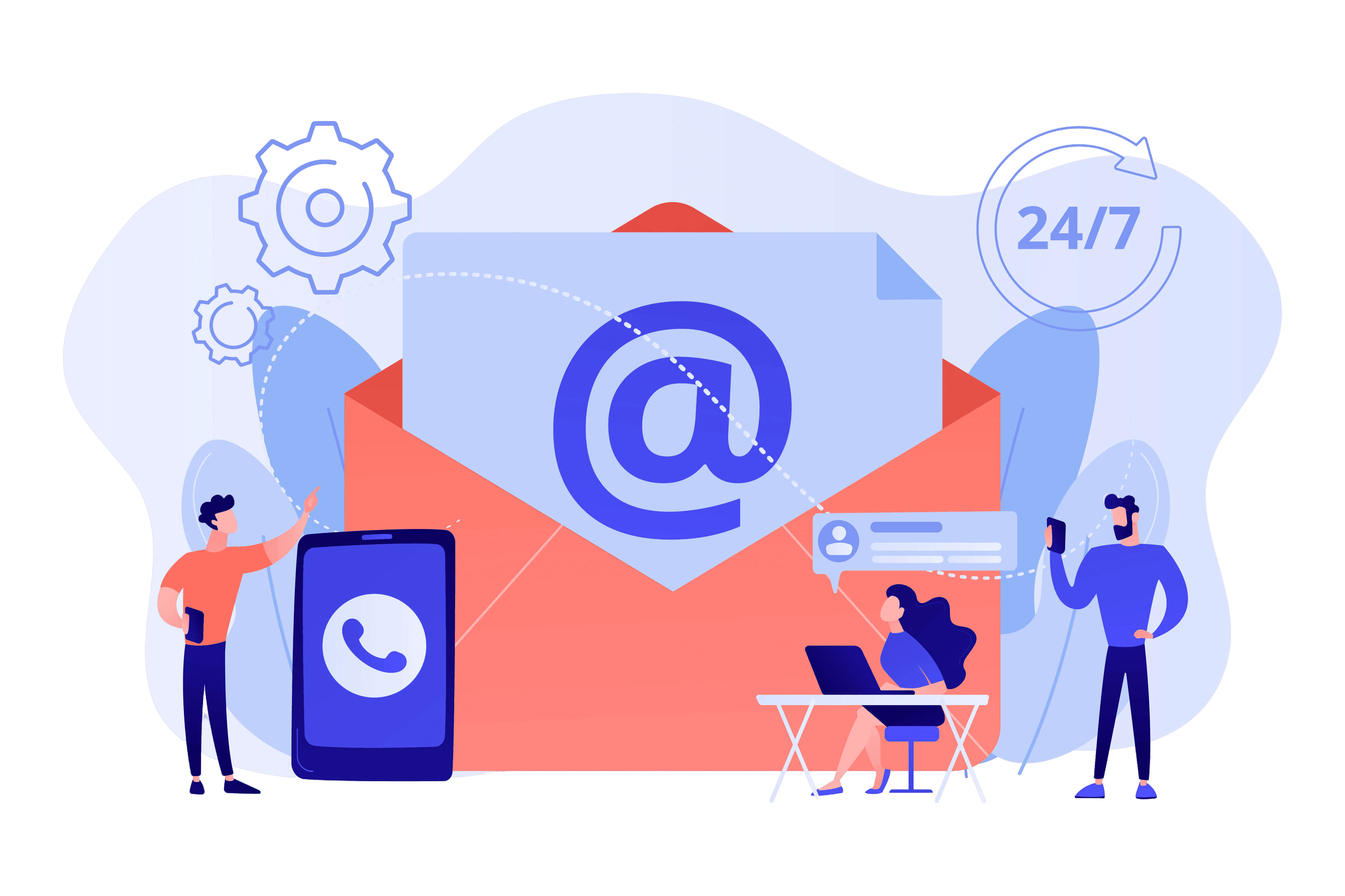 klantenservice-testen Illustratie van een grote envelop waaruit een briefje komt met een '@' logo. Ook is een telefoon zichtbaar en iemand die aan het chatten is. Rechtsboven in is de tekst "24/7" te zien.