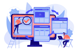 Een illustratie van een desktopscherm met daarop een tabblad van een website welke doormiddel van pijlen overgaat naar 2 type tabbladen en vervolgens weer samen komt op één tabblad. Voor de desktop staat een persoon op een ladder met een vergrootglas en in het vergrootglas is een groen vinkje te zien. Rechts onderin zit een man achter een tafel op een laptop te werken.