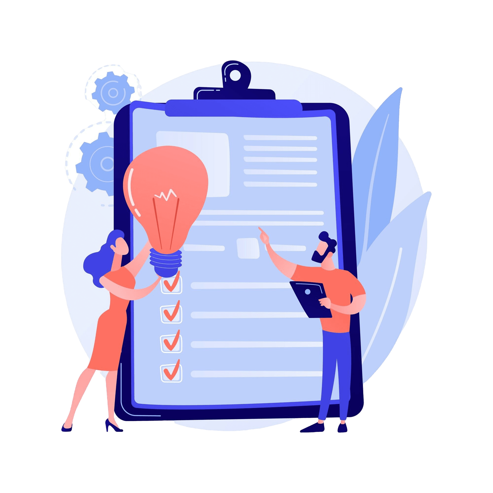 Illustratie van een man en een vrouw voor een rapport. De vrouw houd een gloeilamp vast en de man wijst naar het rapport